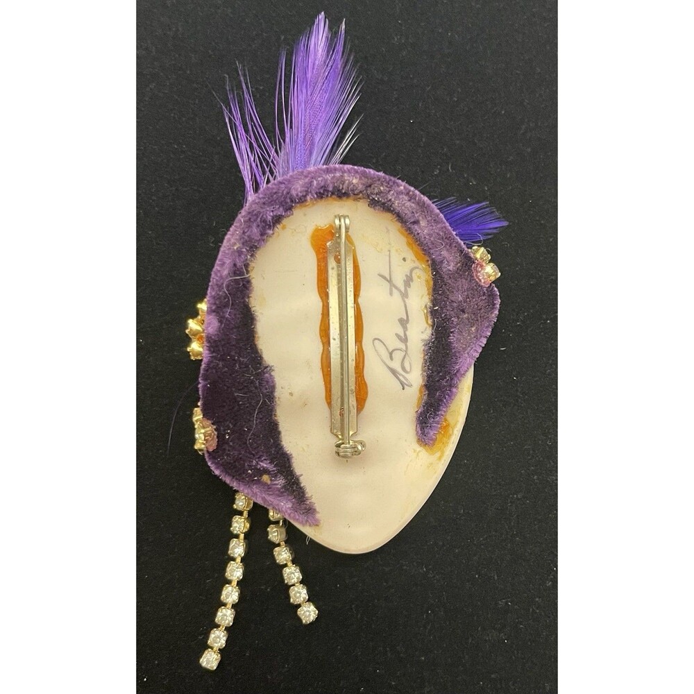 Beatriz Art Deco Flapper Brooch Porcelain Face Rhinestones Feather Gatsby VTG - Picture 6 of 11
